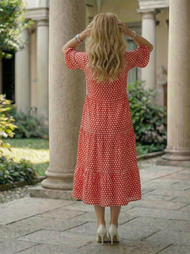 Women's Polka Dot Midi Dress with Tiered Skirt for Casual