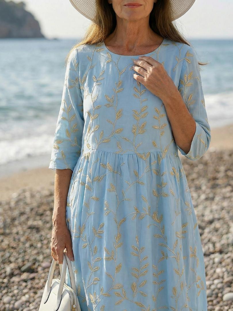 Women's Casual Midi Dress with Botanical Pattern for Seaside