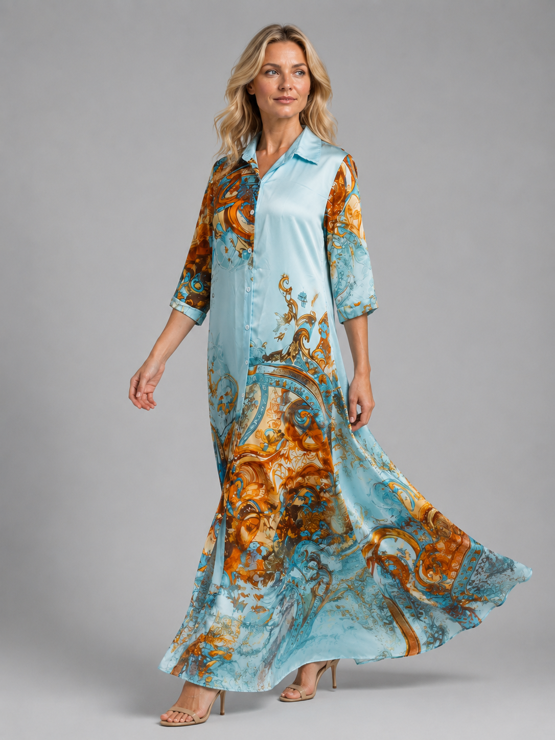 Women's Baroque Maxi Dress with Button-Front for Holidays