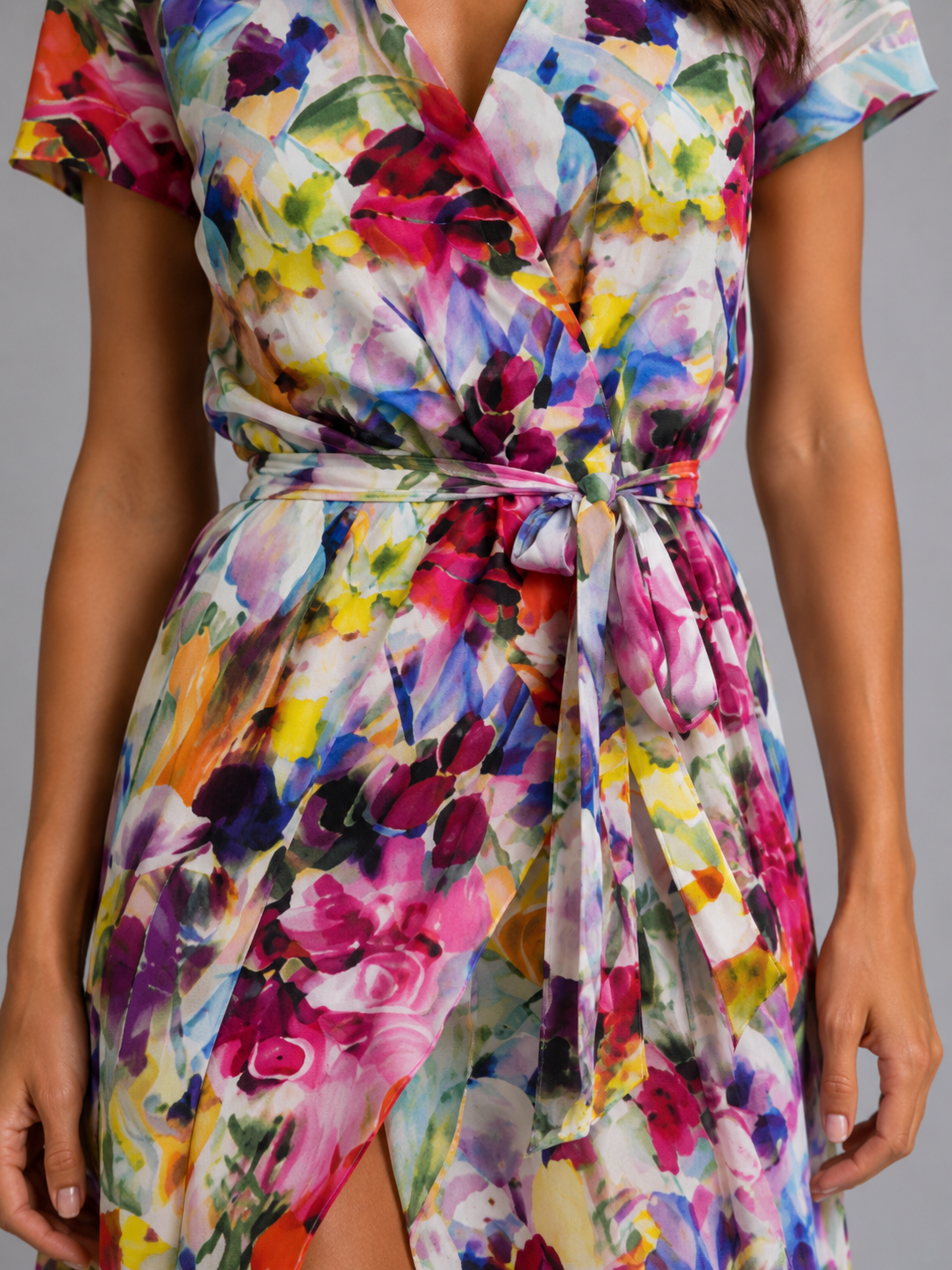 Women's Floral Wrap Midi Dress with Tie Waist for Summer