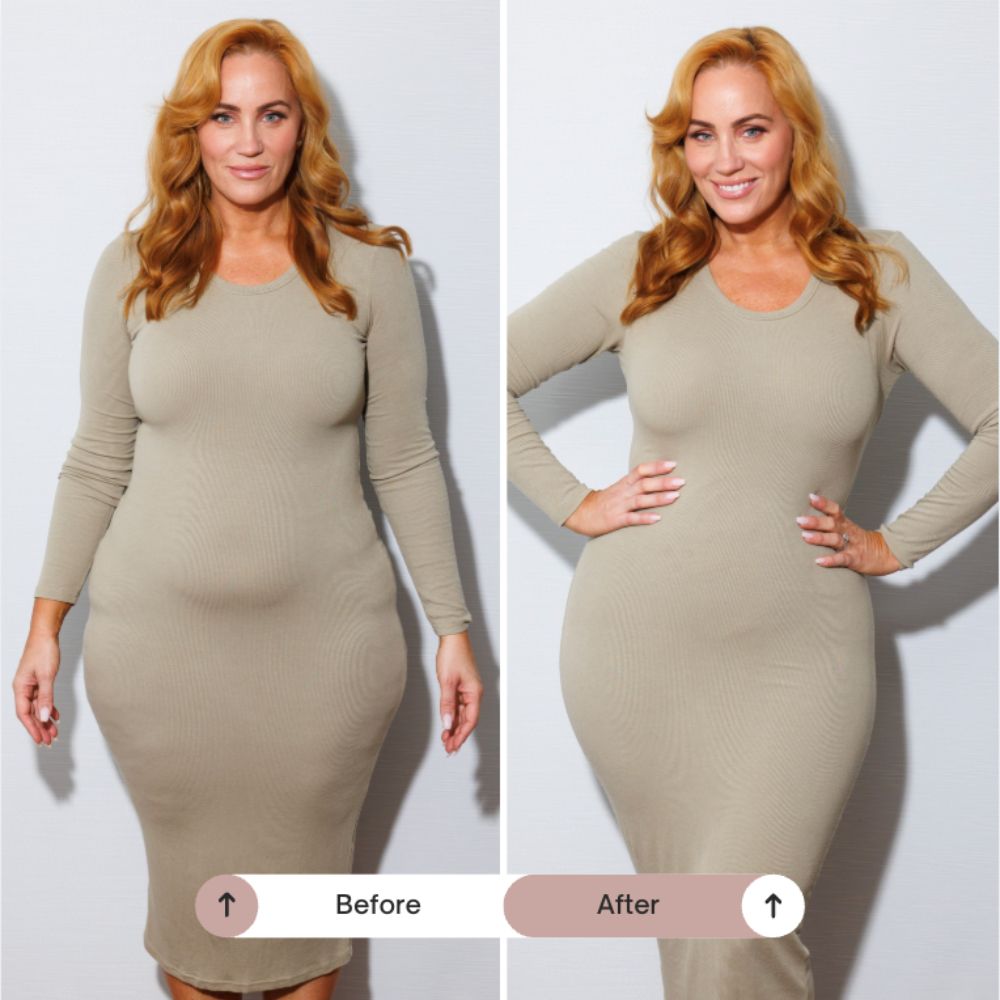 Woman wearing tall-fit compression shapewear shorts under a beige dress, showing a smoother silhouette before and after.