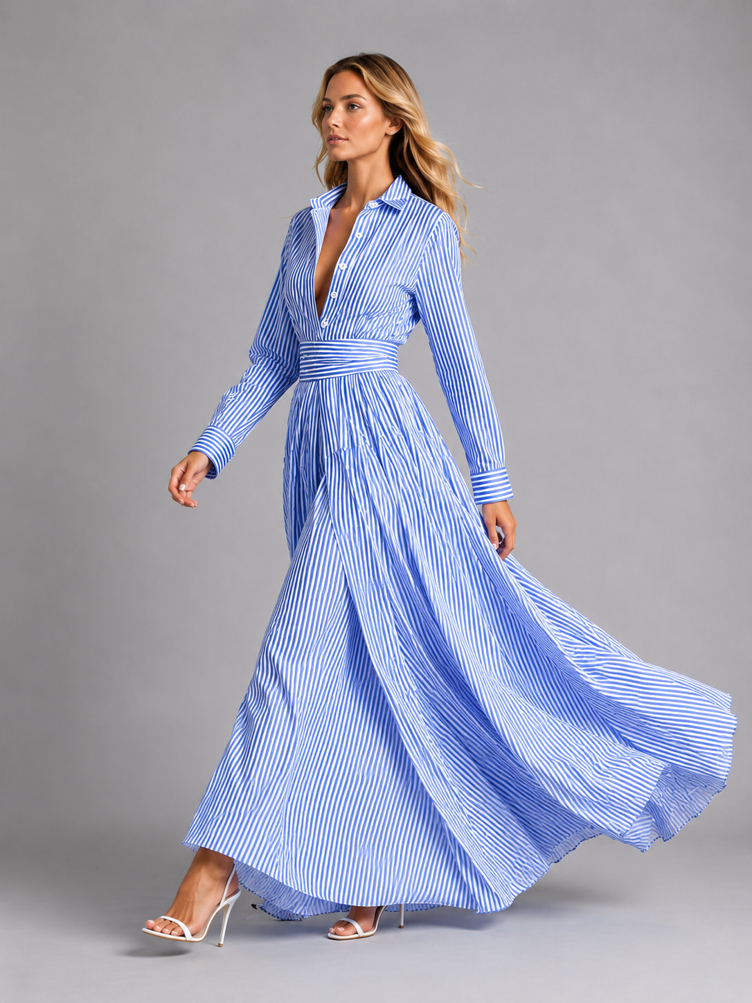 Women's Striped Shirt Maxi Dress Cinched Waist for Casual