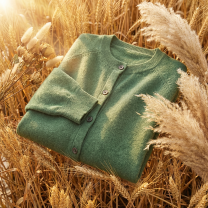 Sage green Merino wool cardigan with a classic button-up design, resting in a golden autumn wheat field.