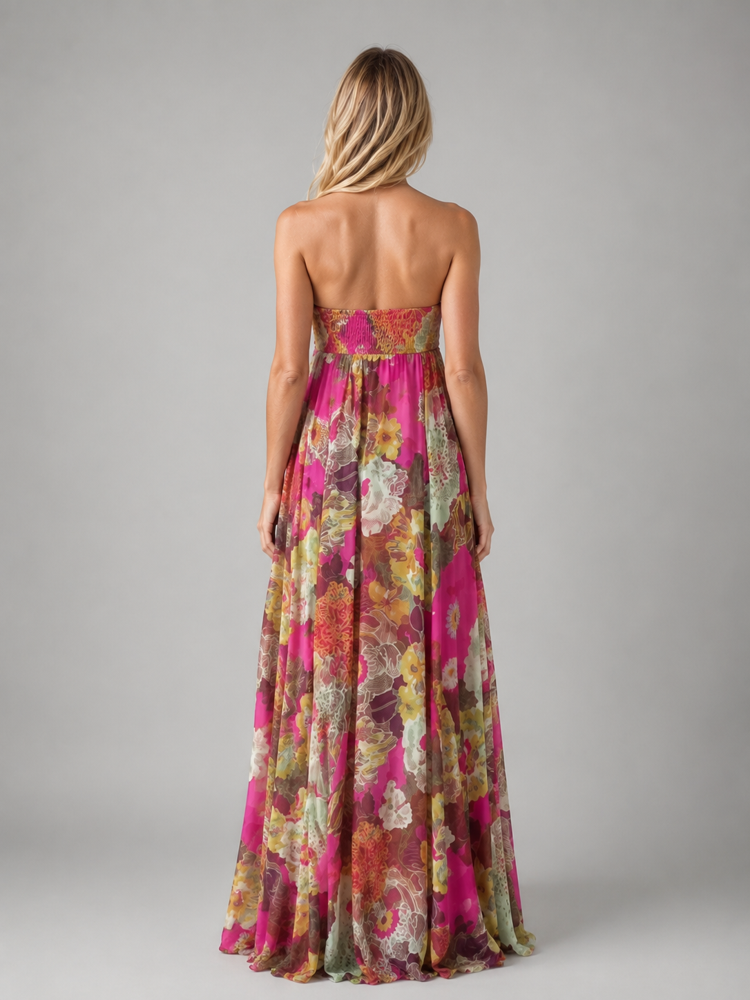 Women's Floral Maxi Dress with Smocked Bodice for Weddings