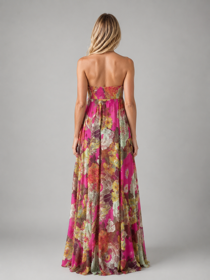 Women's Floral Maxi Dress with Smocked Bodice for Weddings