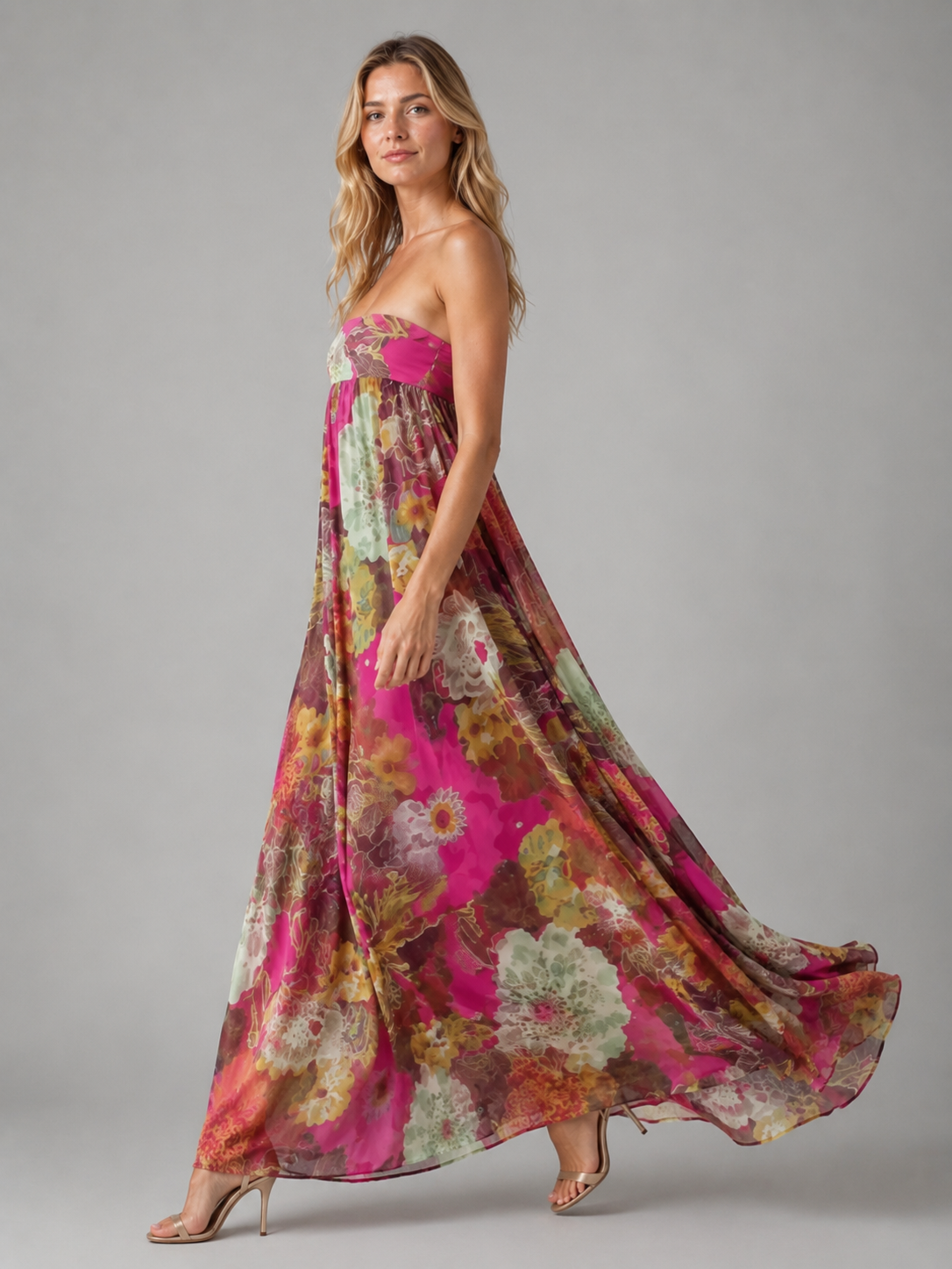 Women's Floral Maxi Dress with Smocked Bodice for Weddings