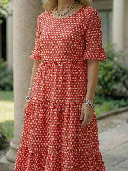 Women's Polka Dot Midi Dress with Tiered Skirt for Casual