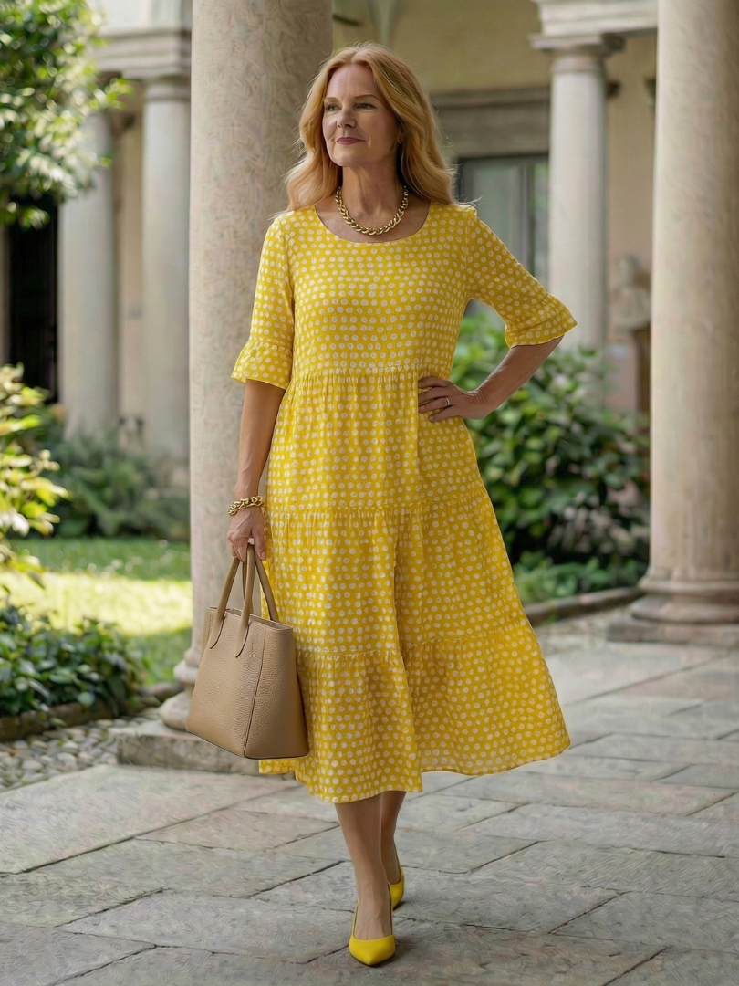 Women's Polka Dot Midi Dress with Tiered Skirt for Casual