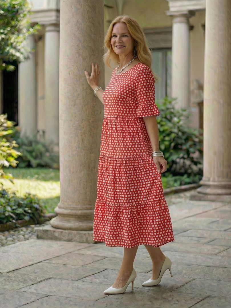Women's Polka Dot Midi Dress with Tiered Skirt for Casual