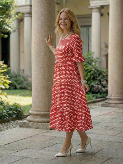 Women's Polka Dot Midi Dress with Tiered Skirt for Casual