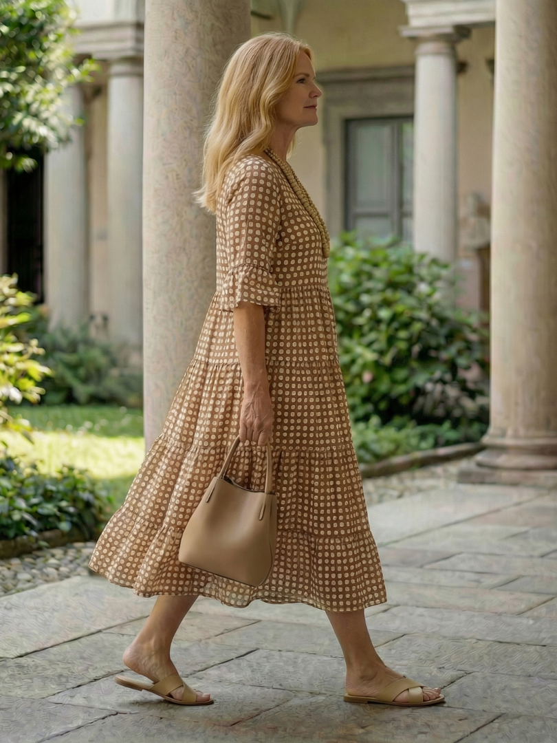 Women's Polka Dot Midi Dress with Tiered Skirt for Casual