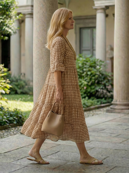 Women's Polka Dot Midi Dress with Tiered Skirt for Casual