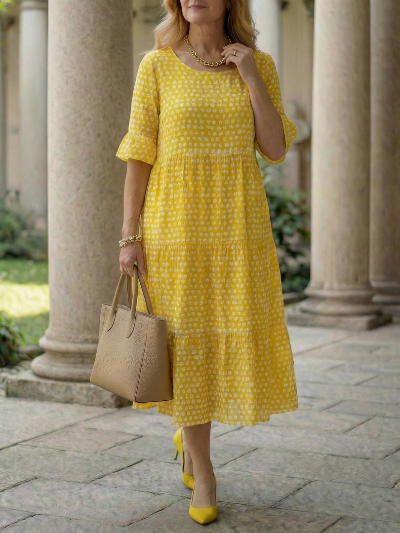 Women's Polka Dot Midi Dress with Tiered Skirt for Casual