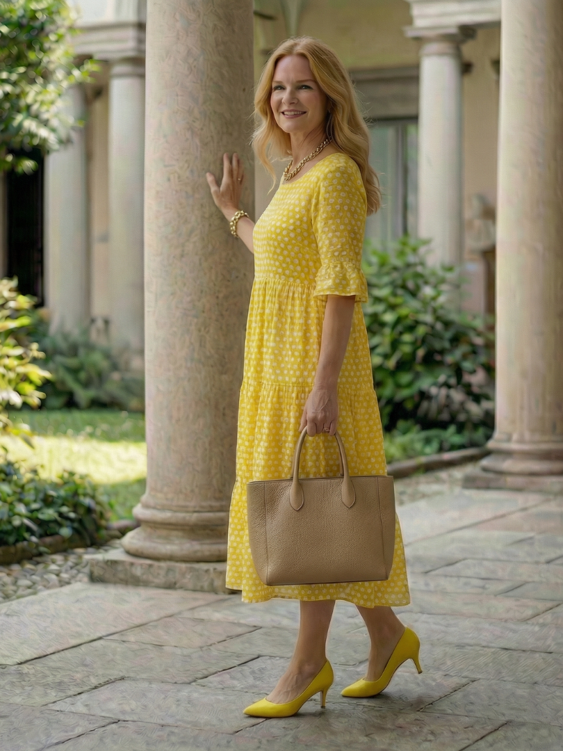Women's Polka Dot Midi Dress with Tiered Skirt for Casual