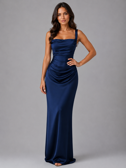 Women's Satin Maxi Dress with Square Neckline for Weddings
