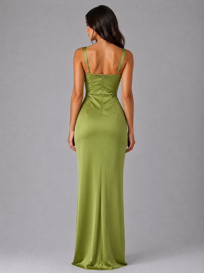 Women's Satin Maxi Dress with Square Neckline for Weddings
