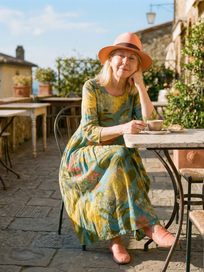 Women's Painted Canvas Midi Dress with Neckline for Daywear