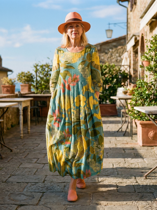 Women's Painted Canvas Midi Dress with Neckline for Daywear