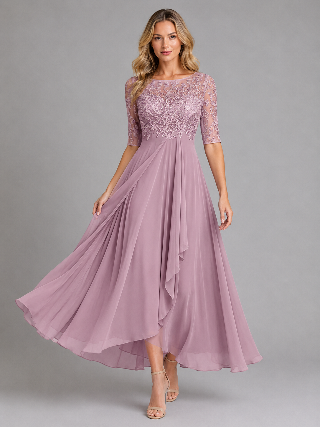 Women's Lace Midi Dress with Sheer Bodice for Weddings