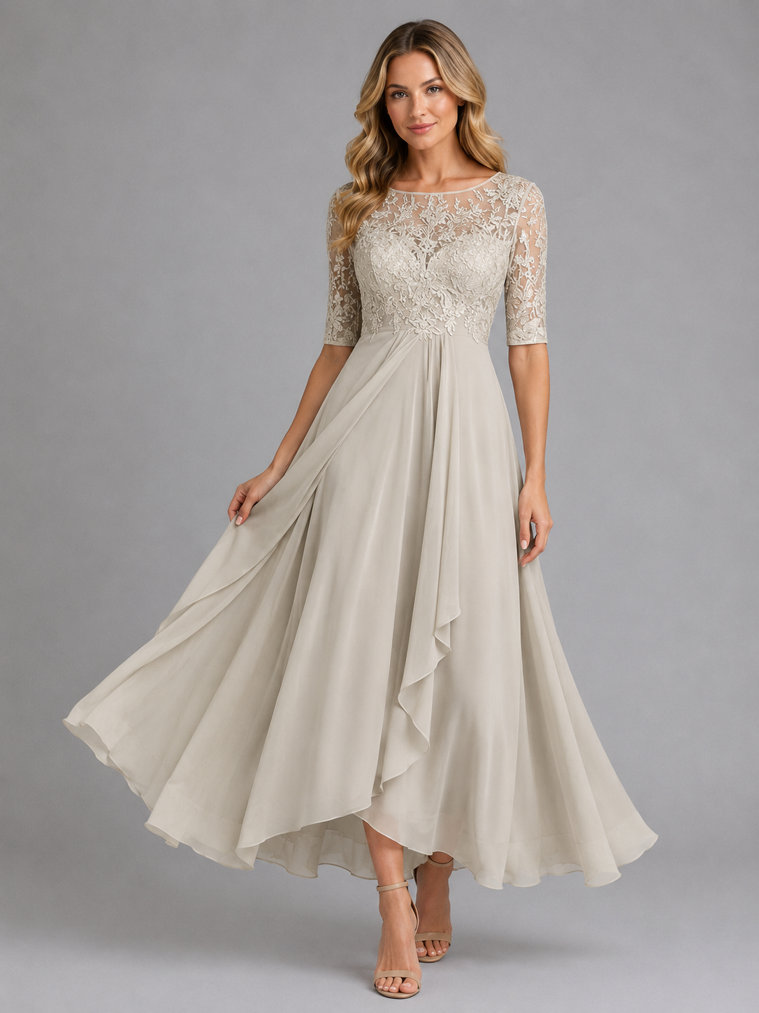 Women's Lace Midi Dress with Sheer Bodice for Weddings