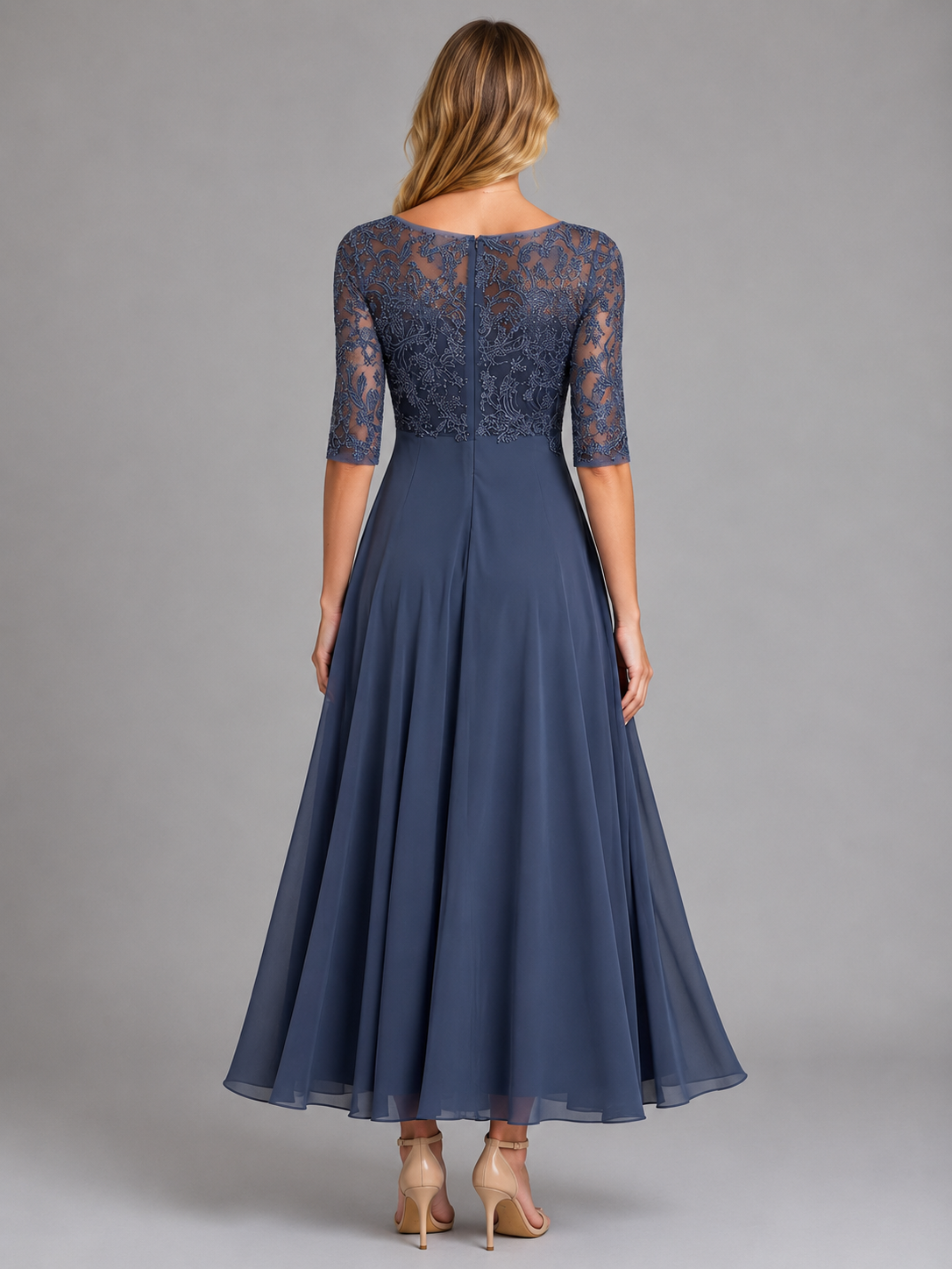 Women's Lace Midi Dress with Sheer Bodice for Weddings