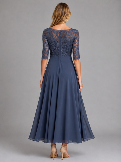 Women's Lace Midi Dress with Sheer Bodice for Weddings
