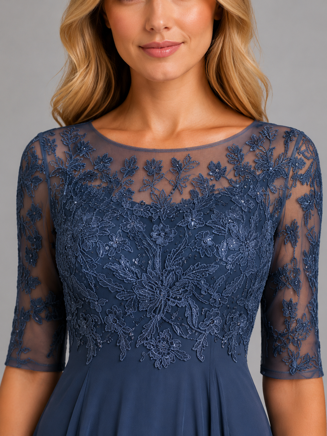 Women's Lace Midi Dress with Sheer Bodice for Weddings
