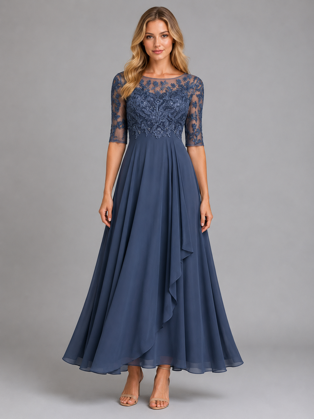Women's Lace Midi Dress with Sheer Bodice for Weddings
