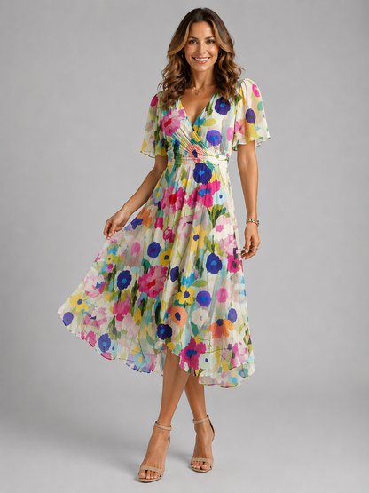 Women's Floral Wrap Dress with V-neck for Garden Parties