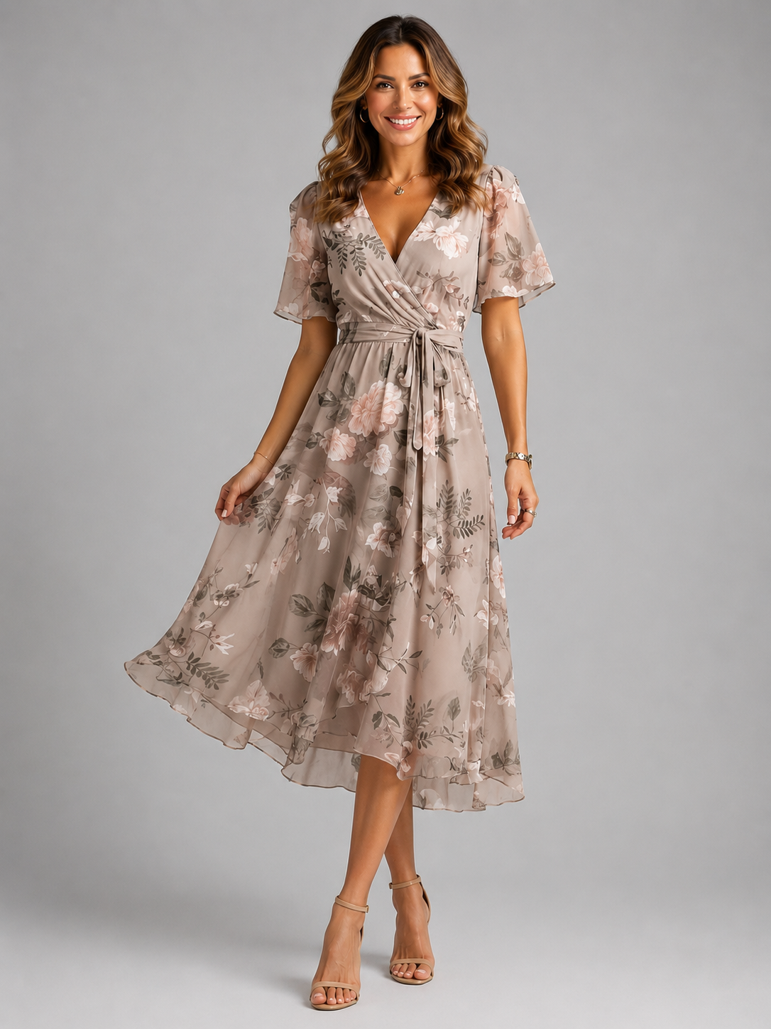 Women's Floral Wrap Dress with V-neck for Garden Parties