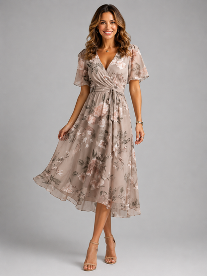 Women's Floral Wrap Dress with V-neck for Garden Parties