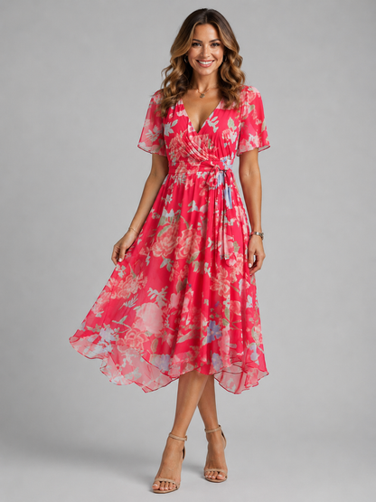 Women's Floral Wrap Dress with V-neck for Garden Parties
