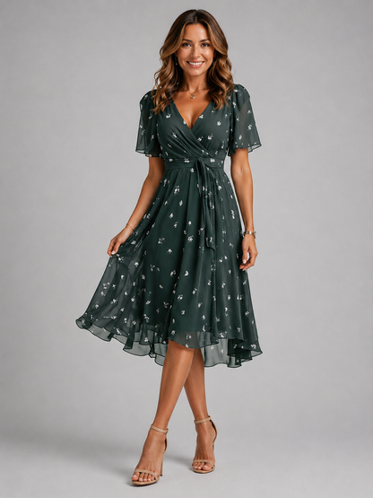 Women's Floral Wrap Dress with V-neck for Garden Parties