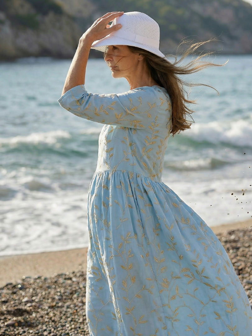 Women's Casual Midi Dress with Botanical Pattern for Seaside