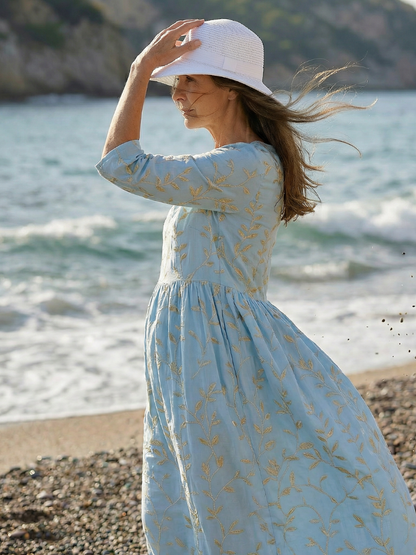 Women's Casual Midi Dress with Botanical Pattern for Seaside