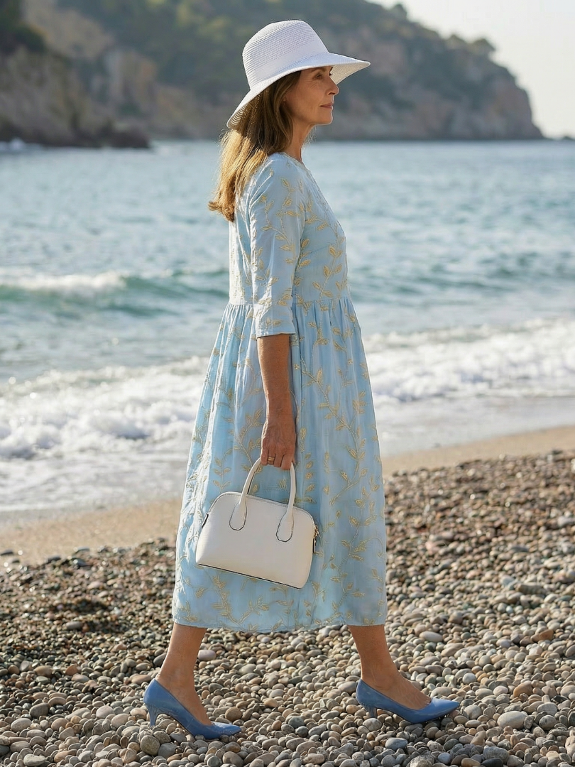 Women's Casual Midi Dress with Botanical Pattern for Seaside