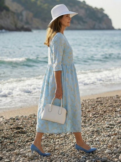Women's Casual Midi Dress with Botanical Pattern for Seaside