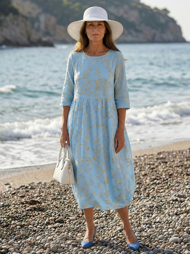 Women's Casual Midi Dress with Botanical Pattern for Seaside