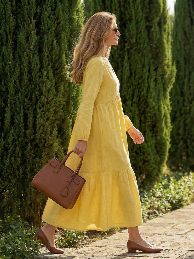 Women's Midi Dress with Partial Button Front for Casual Wear
