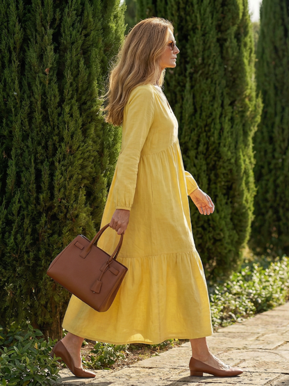 Women's Midi Dress with Partial Button Front for Casual Wear