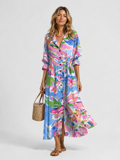 Women's Printed Maxi Dress with Button Front for Warm Days