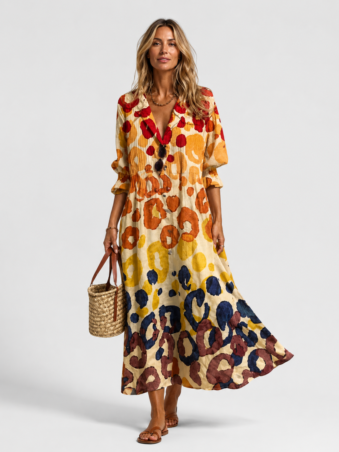 Women's Printed Maxi Dress with Button Front for Warm Days