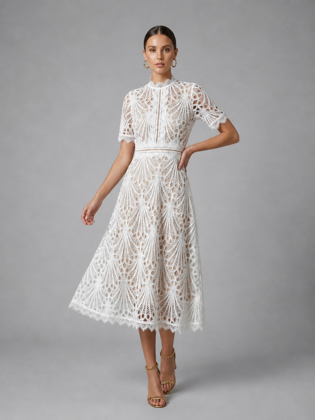 Women's Lace Midi Dress with Geometric Cutwork for Weddings