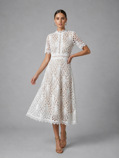 Women's Lace Midi Dress with Geometric Cutwork for Weddings