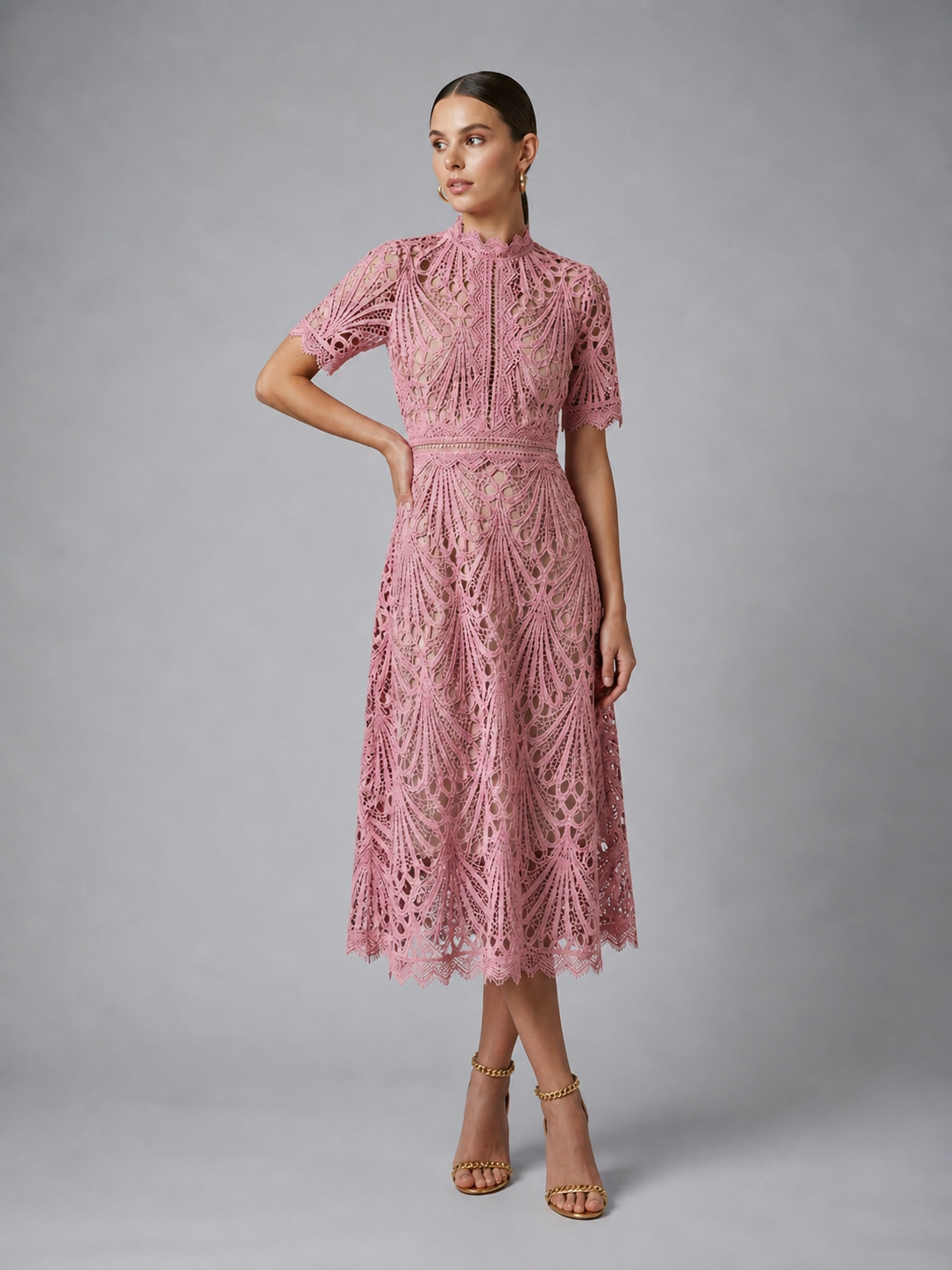 Women's Lace Midi Dress with Geometric Cutwork for Weddings