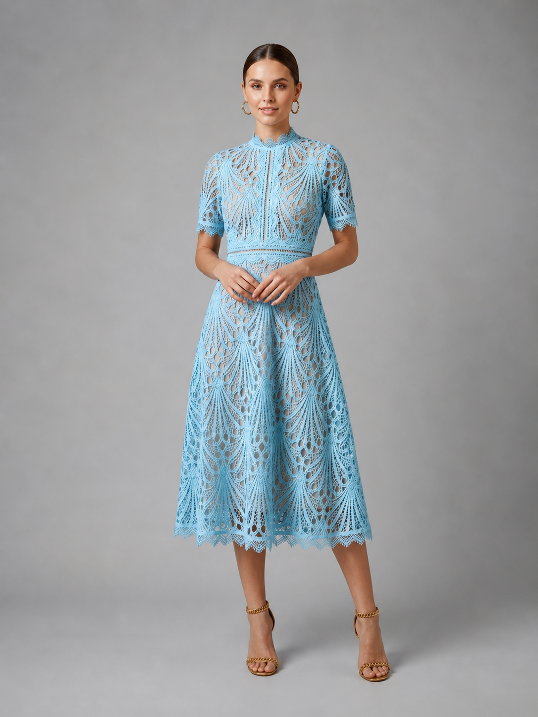 Women's Lace Midi Dress with Geometric Cutwork for Weddings
