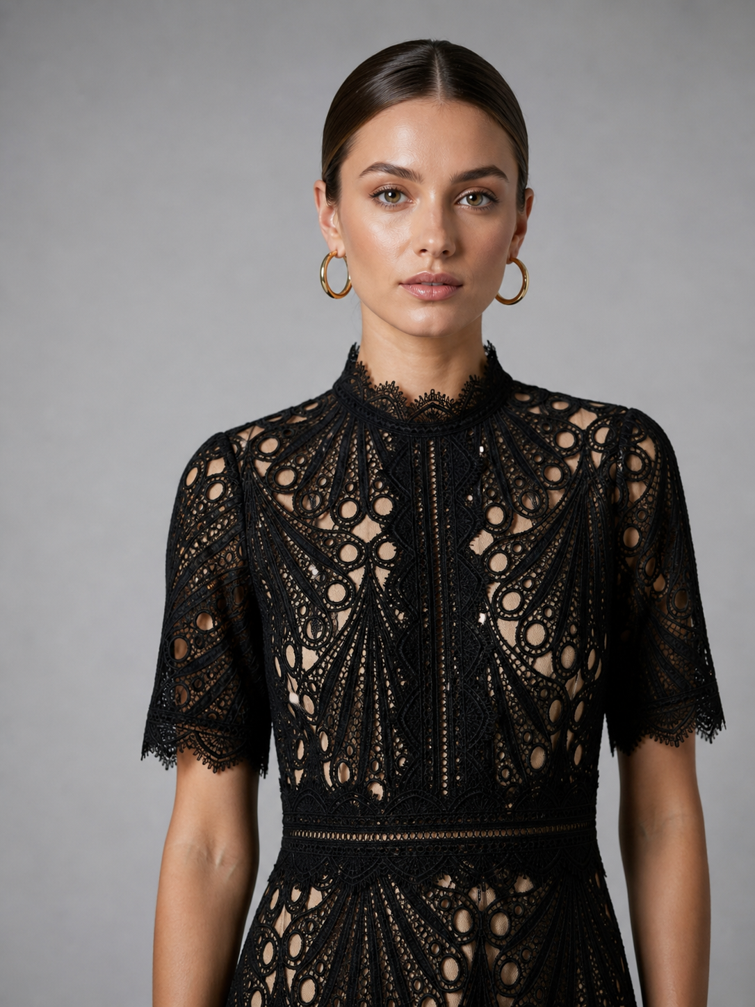 Women's Lace Midi Dress with Geometric Cutwork for Weddings
