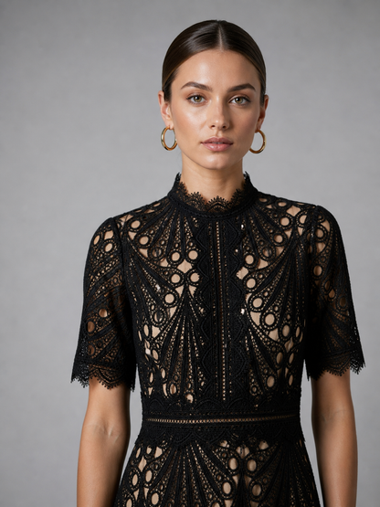 Women's Lace Midi Dress with Geometric Cutwork for Weddings