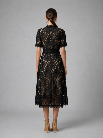 Women's Lace Midi Dress with Geometric Cutwork for Weddings