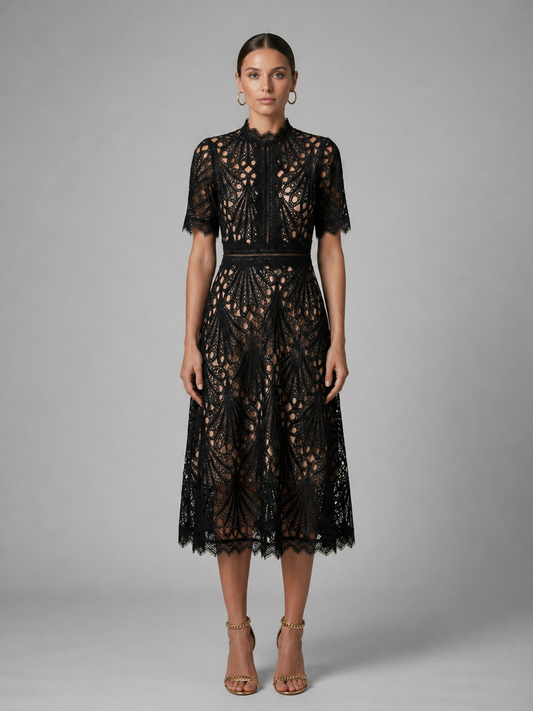 Women's Lace Midi Dress with Geometric Cutwork for Weddings
